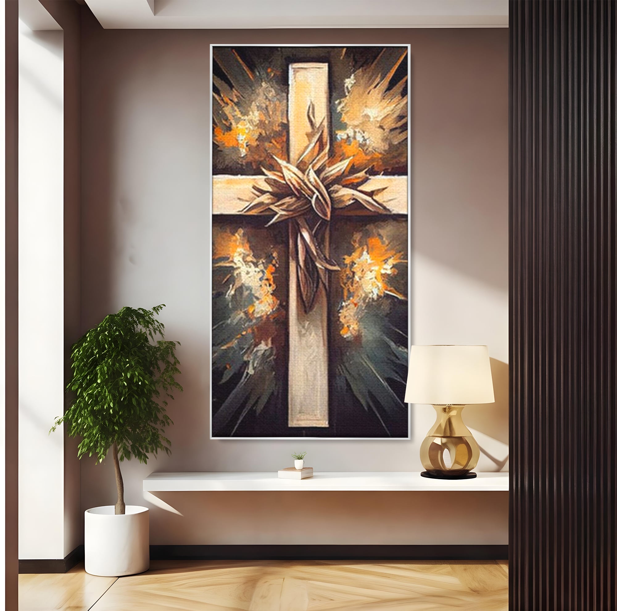 Tablou canvas cu tablou canvas cu o cruce si coroana de spini, in rama de aluminiu argintiu